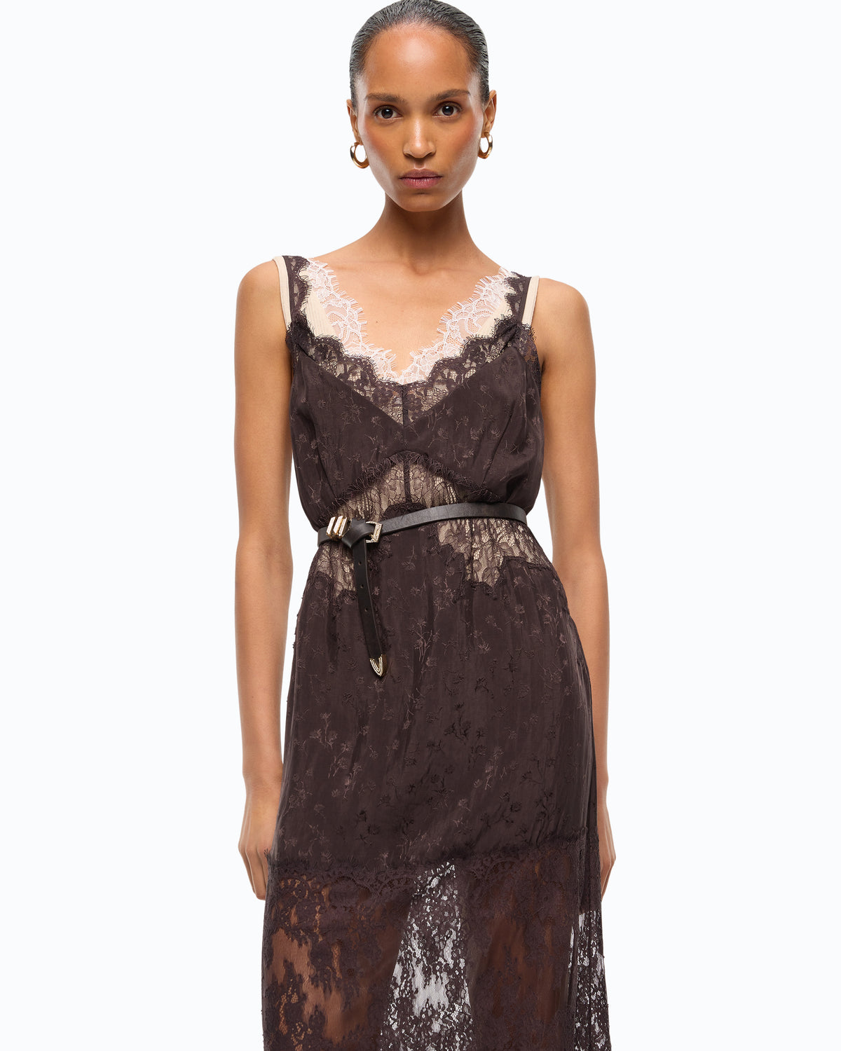Close official view of Pinko Aster slip dress lace neckline and belt styling