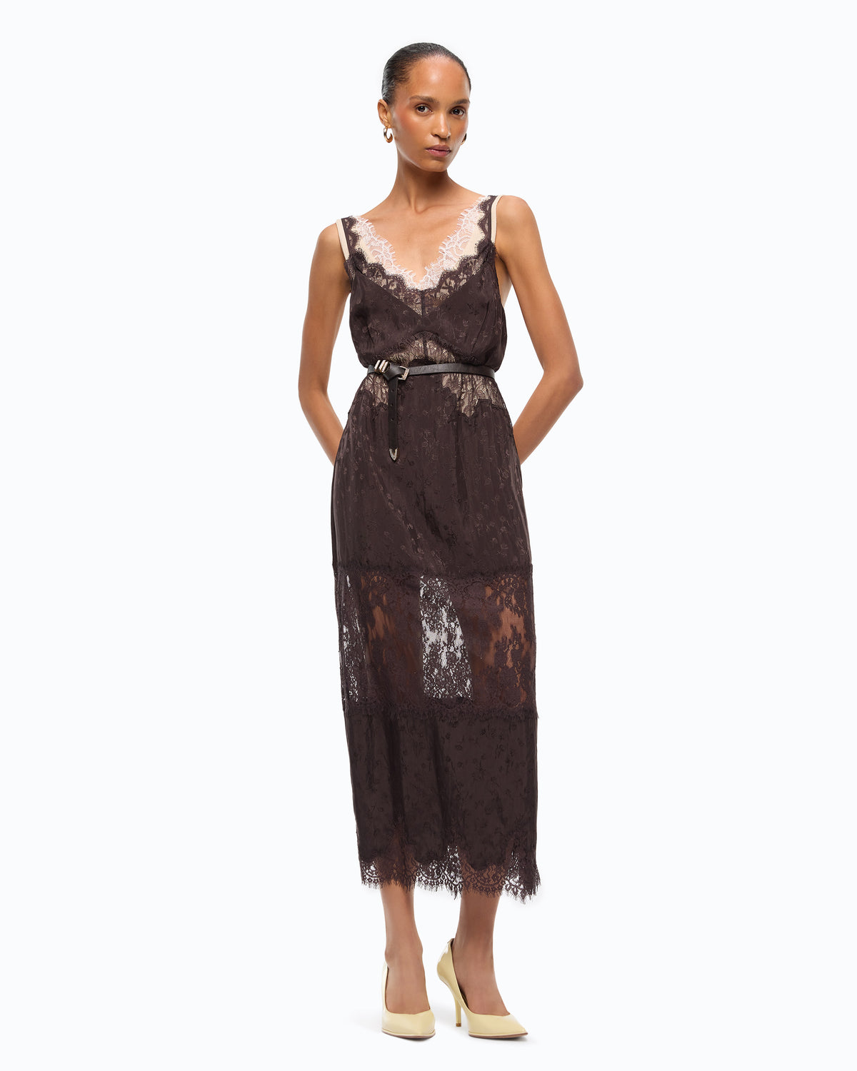 Pinko Aster midi slip dress with lace bands and adjustable straps