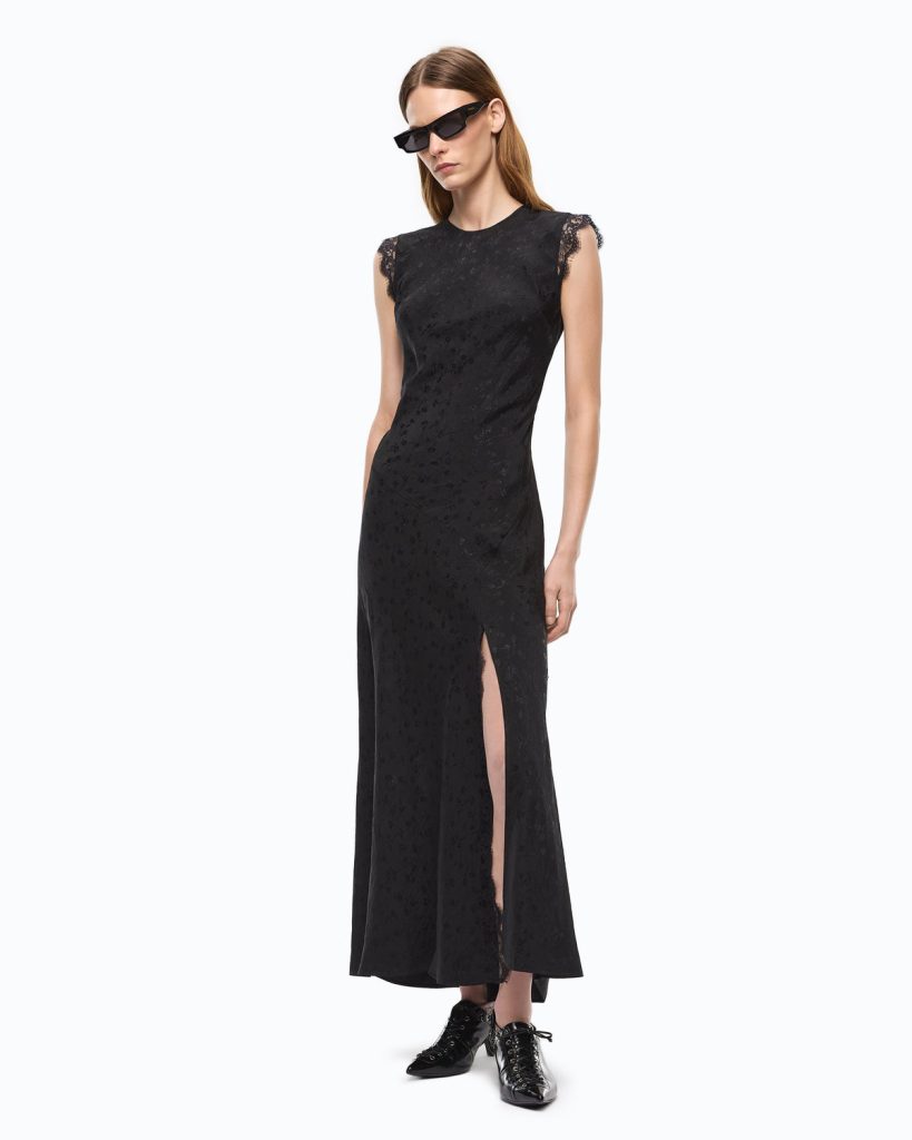 Pinko Alpinia long dress with lace inserts and side slit