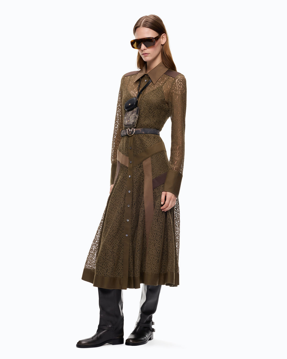 Pinko official image showing a brown lace midi shirt dress with belt